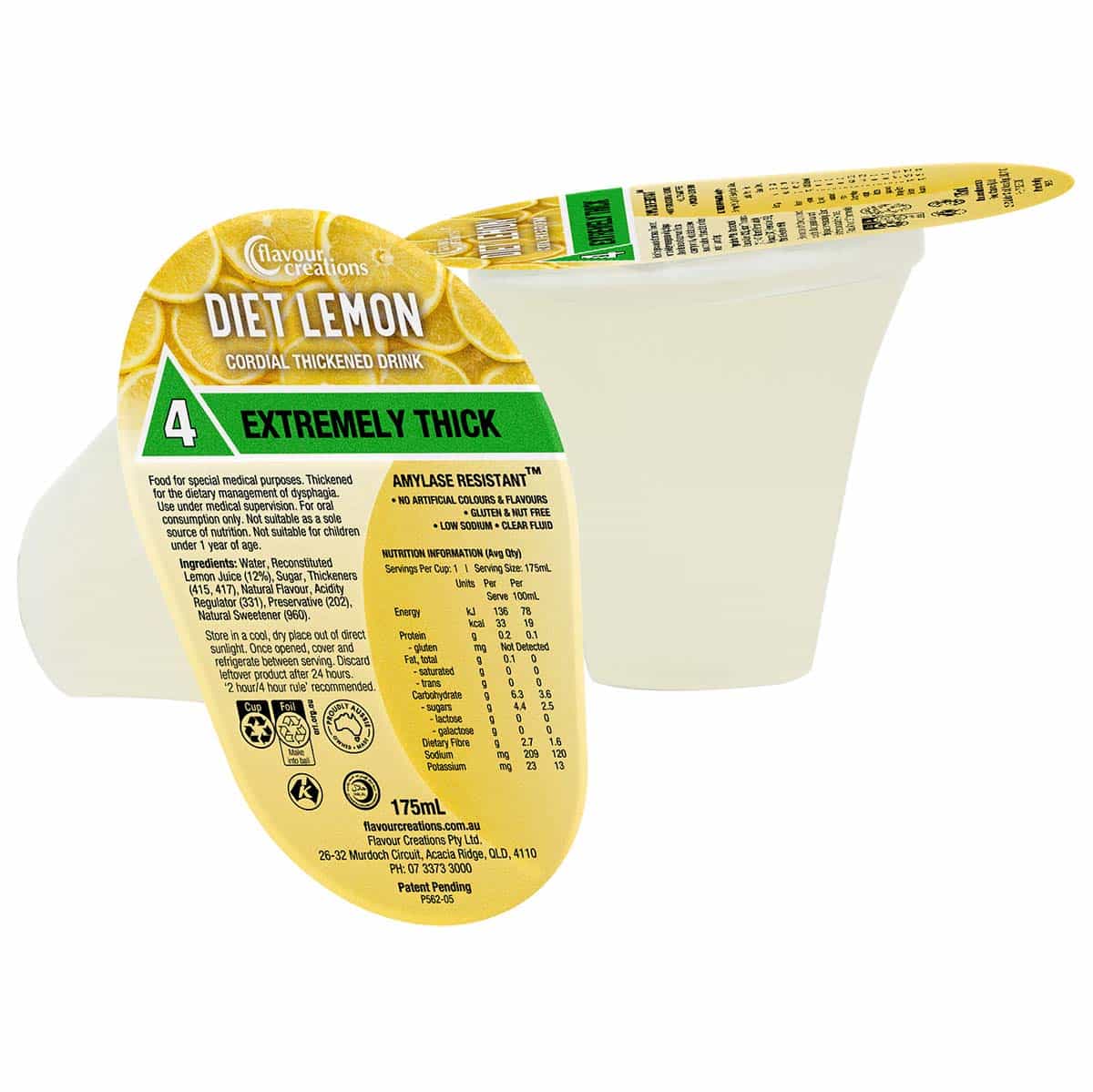 Flavour Creations Ready-To-Drink Diet Lemon Cordial Extremely Thick/Level 4, 175mL Cups | Carton of 24