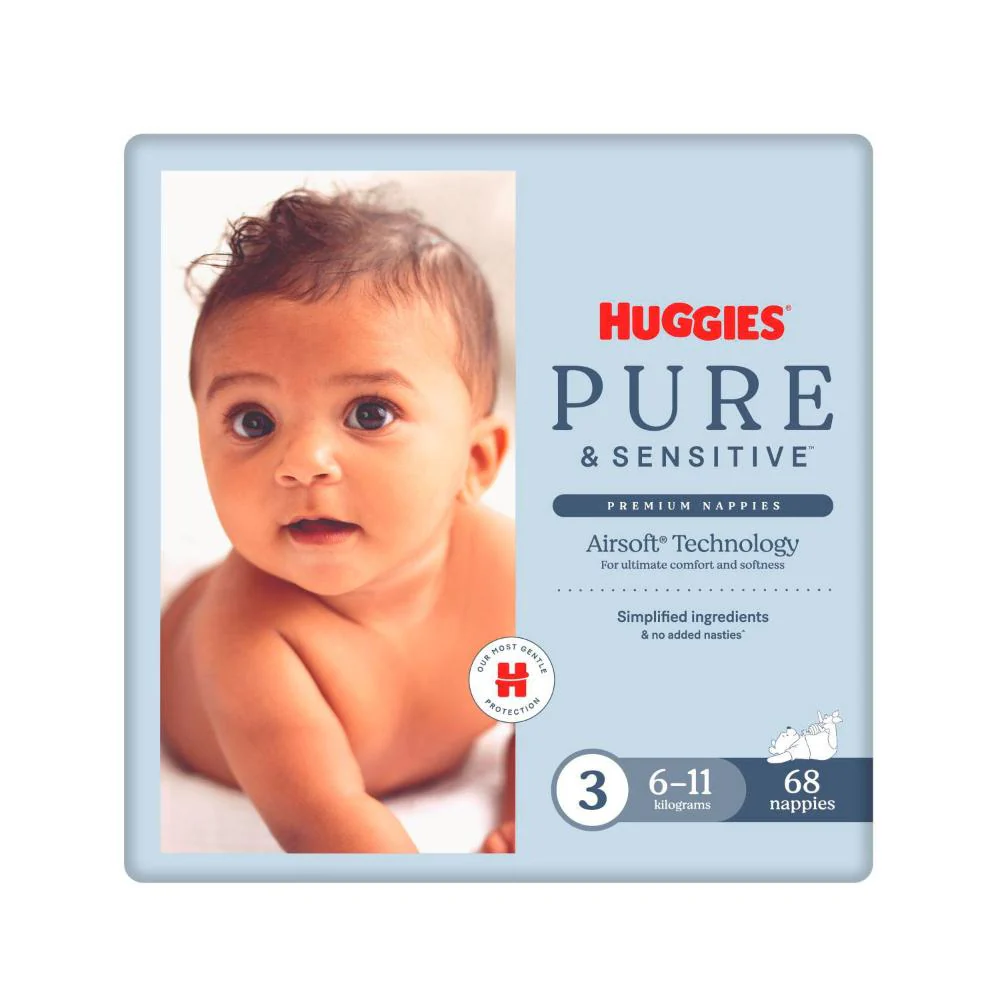 Huggies Pure & Sensitive Nappies Size 3 (6-11kg) | Pack of 68