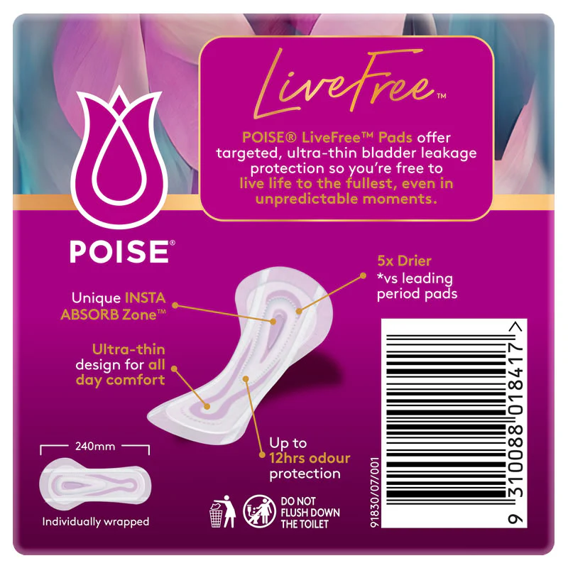 Poise LiveFree Regular Pads 110mL No Wings | Pack of 14 - Image 3